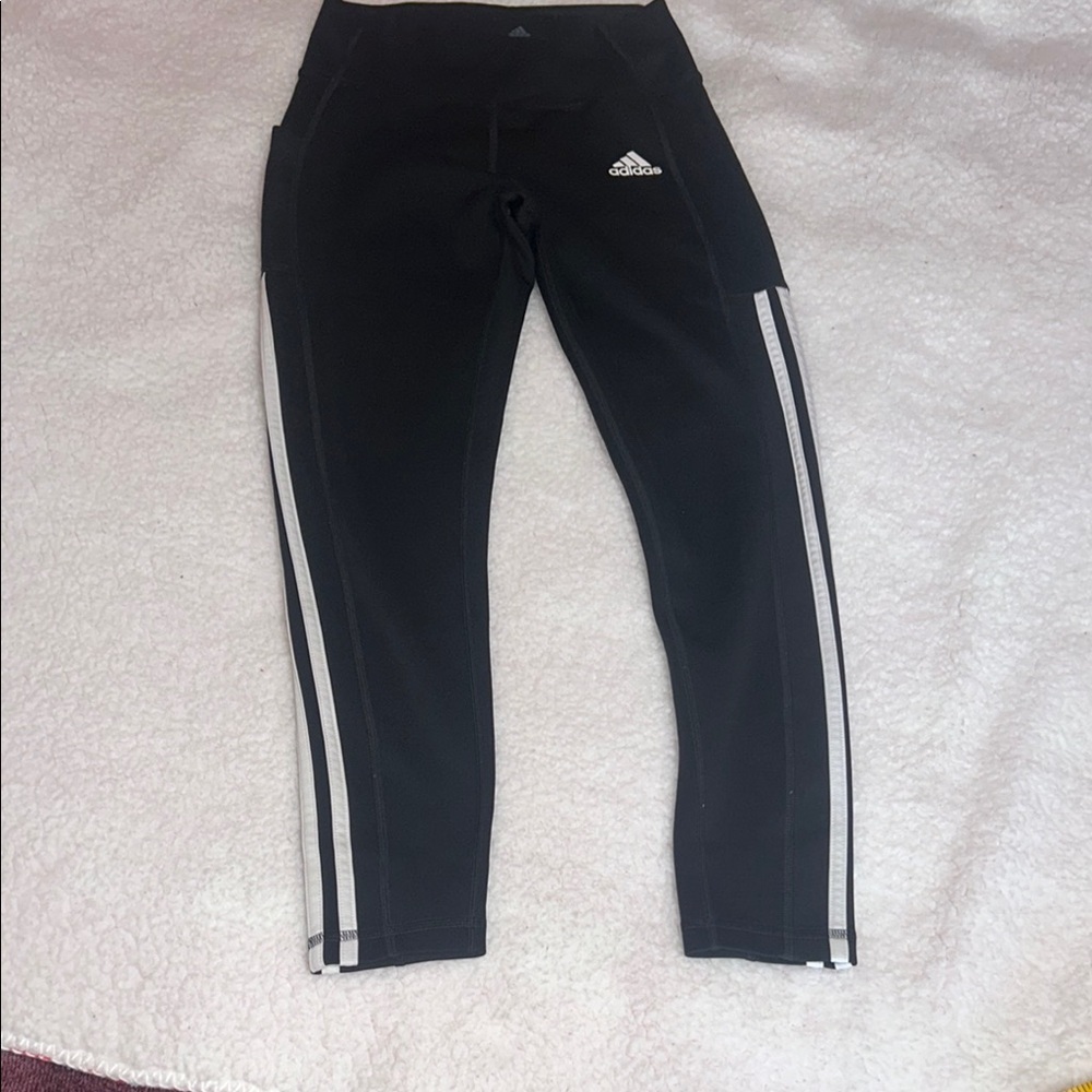 Adidas Black and White Capri Leggings with Iconic Stripes